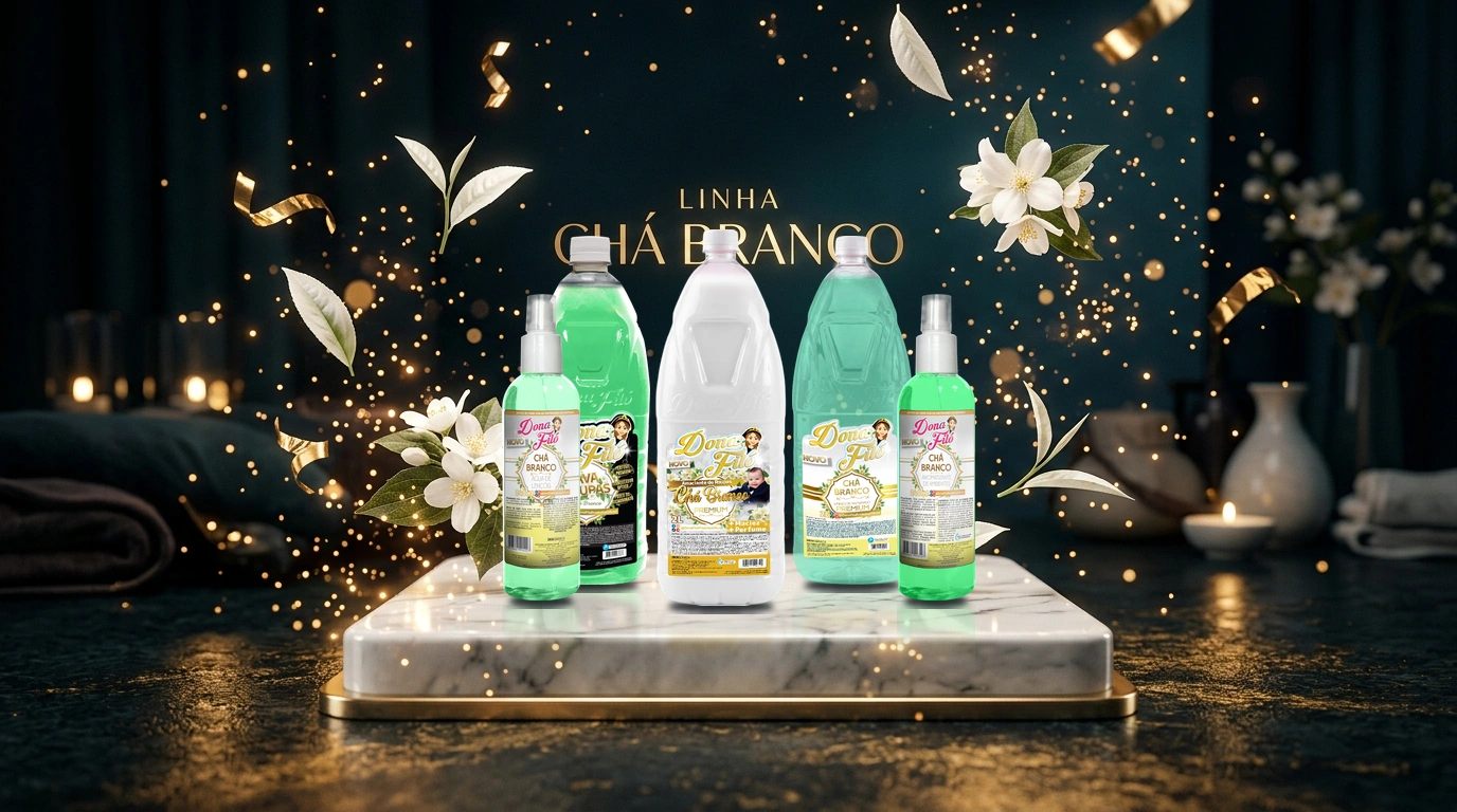 Linha Chá Branco Dona Filó no pedestal de mármore e ouro